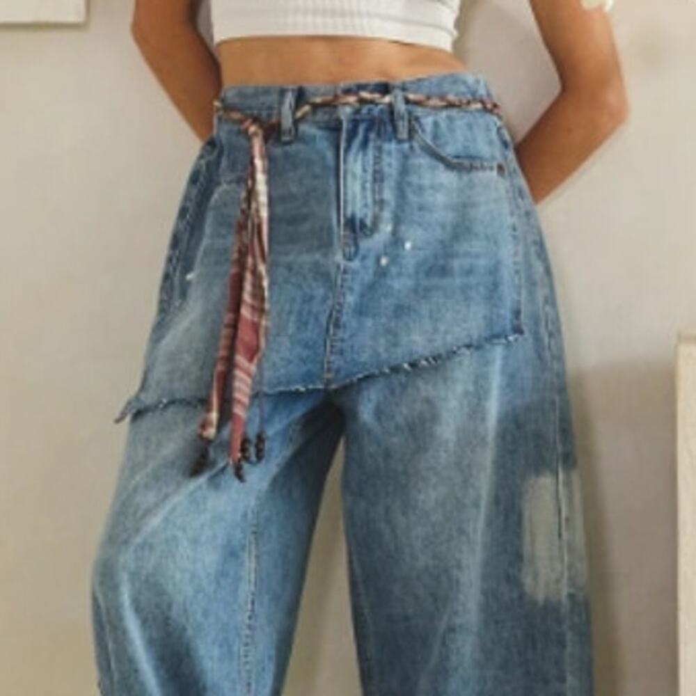 Oli & Hali Skirt Jeans XL Paint Spattered Wide Leg Plaid Tie - Western Boho